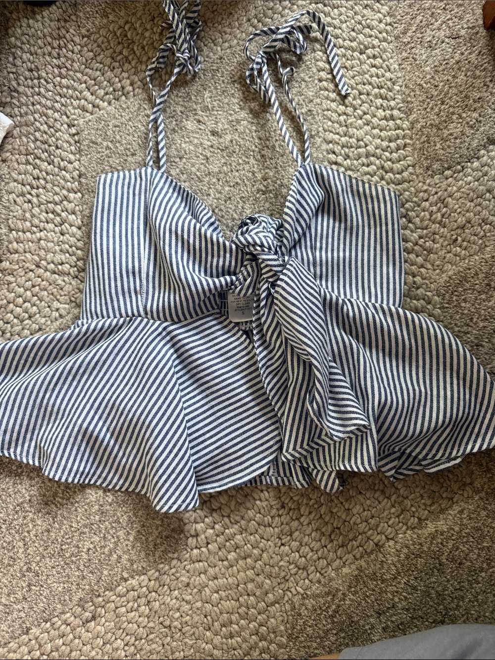 Blue and White Sleeveless Tie Front Blouse